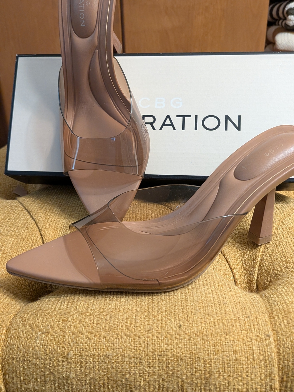BCBGeneration Blush Tan Pointed PVC Slingback Heels